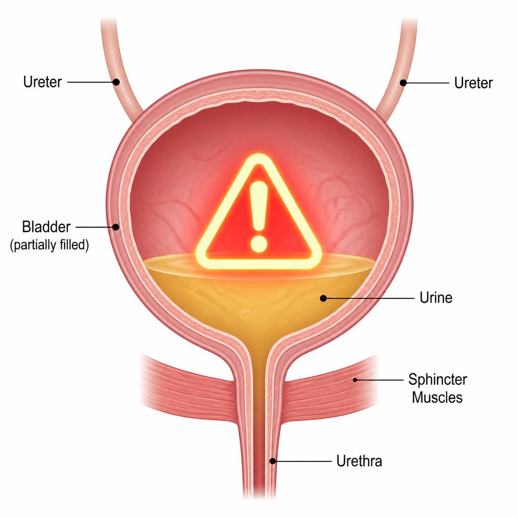 Medical diagram of a partially filled bladder with a warning symbol indicating overactive bladder urgency