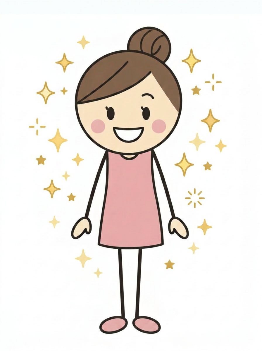 Cartoon person smiling happily, relieved and carefree