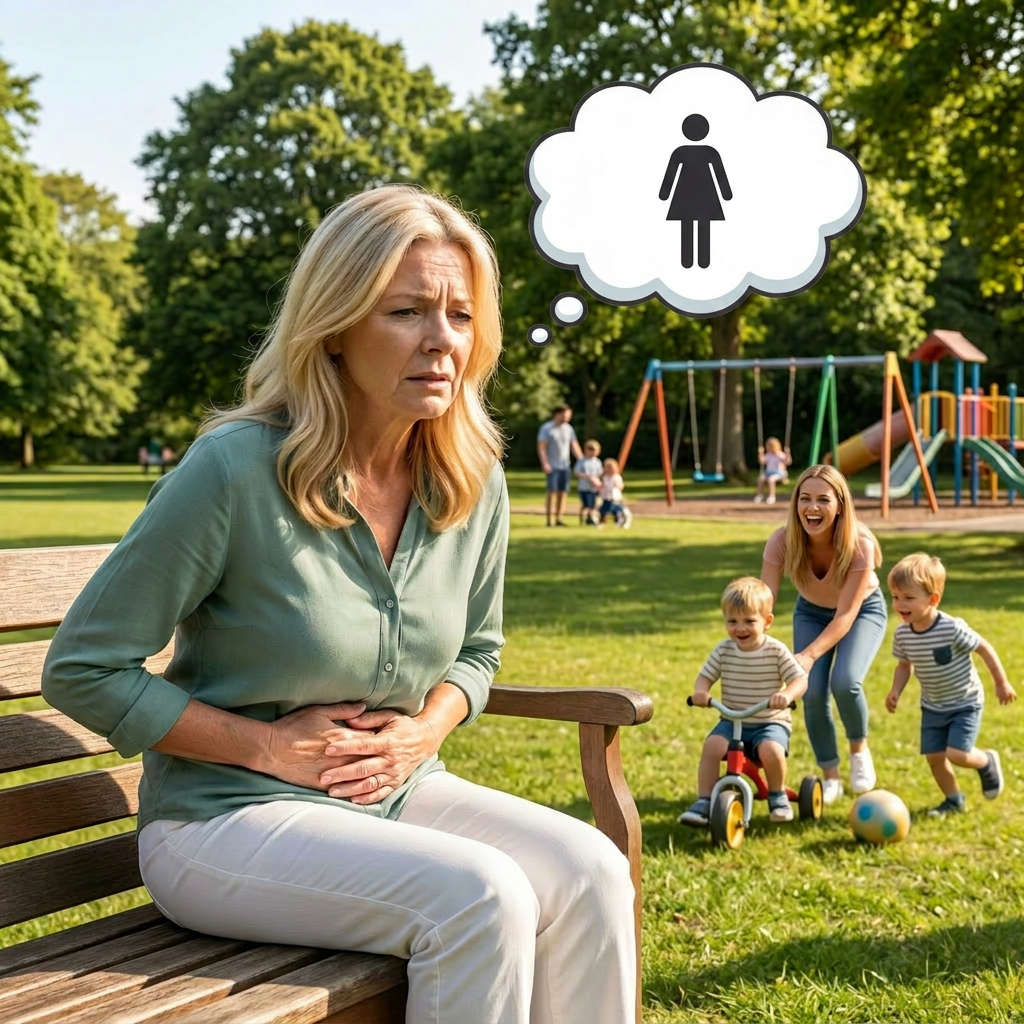 Grandma at the park feeling the sudden urge to pee, with a thought bubble showing a restroom symbol